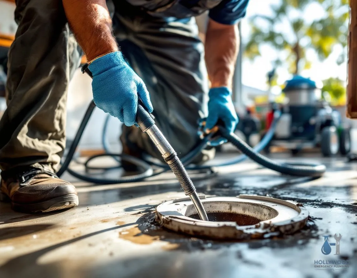 A technician feeding a drain cleaning machine cable into a floor cleanout in a bright residential garage