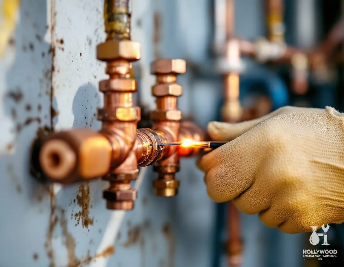 A gloved hand working on a copper pipe manifold with several branch lines in a sunlit utility closet
