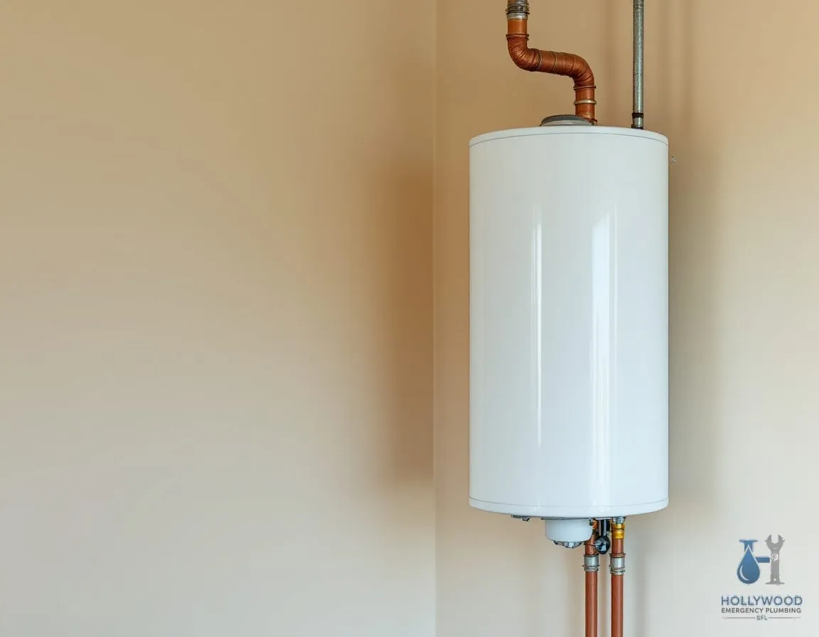 A plain tank style water heater installed in the corner of a garage, with copper supply lines and a shutoff valve connected near the base